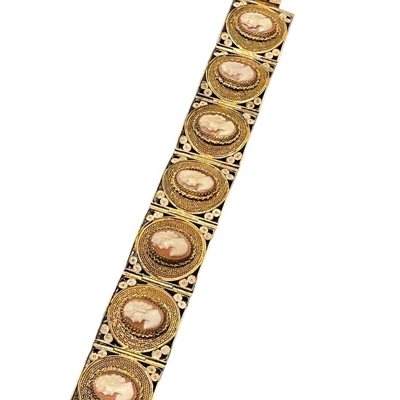 Vintage 800 Italy Gold wash Fancy filagree shell cameo bracelet chunky bangle - Picture 13 of 15